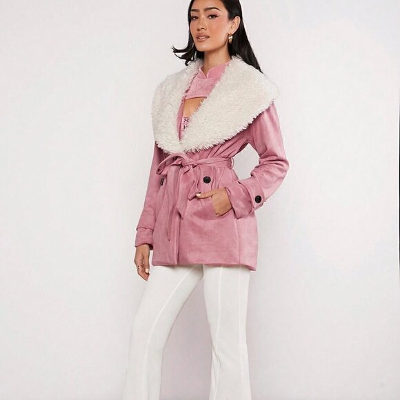 Pink Casual Womens Borg Collar Belted Coat - Picture 2 of 6